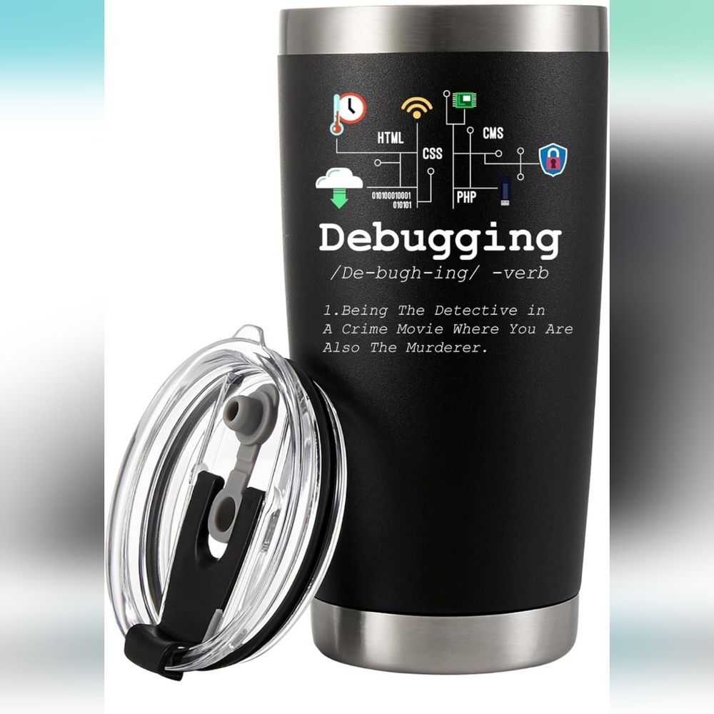 NWOT panvola Debugging computer programming Black travel tumbler with 2 lids